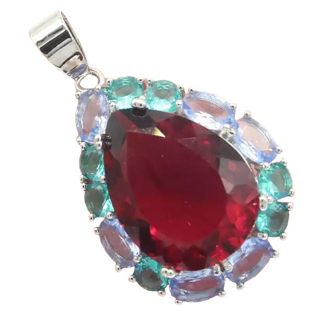 Simulated Garnet Aquamarine Peridot Tanzanite Sterling Silver Necklace